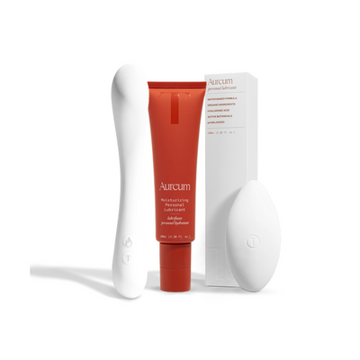 Photo of the new dawn bundle including the Nuri massager, Pearl massager and Aureum lubricant.
